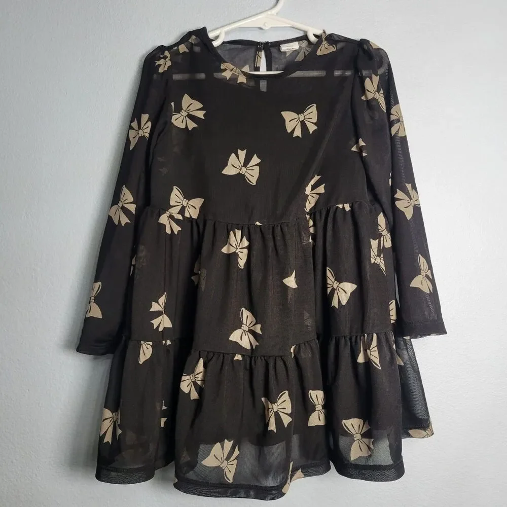 Baby Gap Girls 4T Babydoll Dress Tiered Mesh Black Tan Bow Print Long Sleeve
